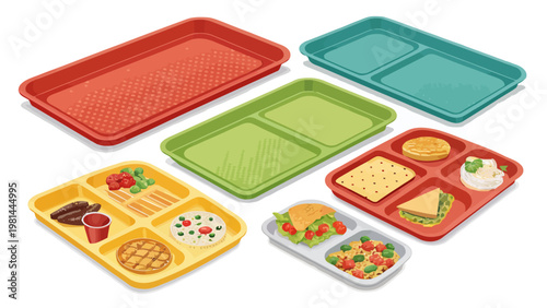 Colorful plastic food service trays with various compartments and dishes on white background for cafeteria or restaurant use