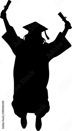 Silhouette of a graduate jumping for joy, holding a diploma and a graduation cap