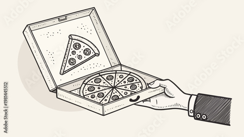Hand holding takeaway pizza box with slice missing vector illustration for food delivery concept