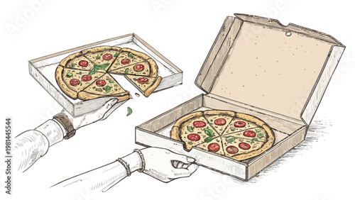 Hands opening pizza box with slices of delicious pepperoni pizza inside and out