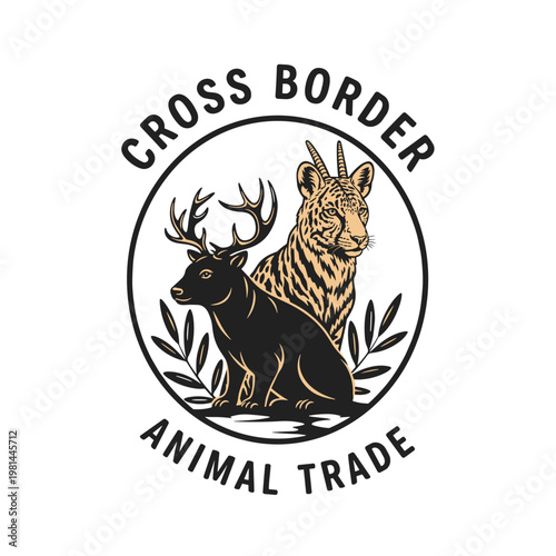 Deer and striped horned big cat illustration with Cross Border Animal Trade text in a circular logo