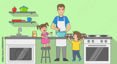Father and two children happily baking together in a modern kitchen.