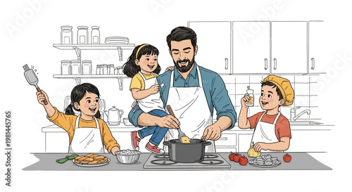 Father and three children cooking together in the kitchen, enjoying family time.