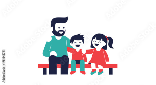 Father and two children sitting on a bench together.