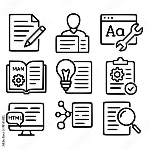 Detailed line icons representing technical and creative education, including tools like a wrench and gear, chemistry flasks, and web-based learning interfaces.