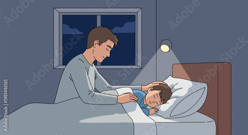 Father comforting his child in bed at night.
