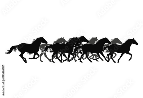 Galloping horses silhouette illustration, Running horse herd silhouette.