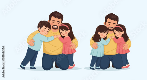 Father embracing his son and daughter with love and affection.