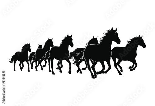 Galloping horses silhouette illustration, Running horse herd silhouette.