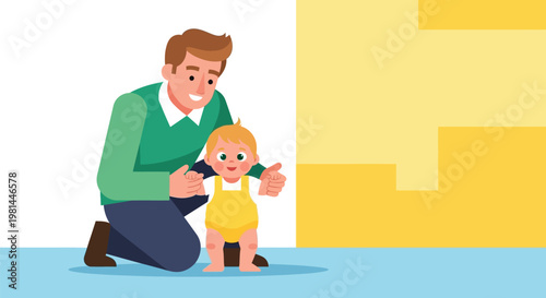 Father helping his baby take first steps, a heartwarming family moment.