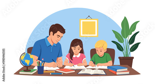 Father helping children with homework at desk.
