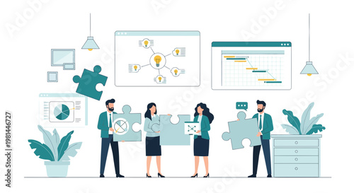 Business professionals successfully completing a project by connecting large puzzle pieces.