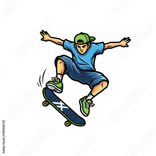 Energetic young skateboarder boy performing an action jump trick in mid-air