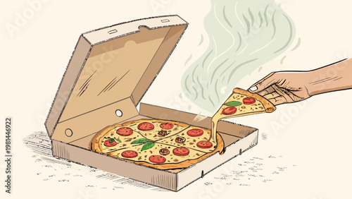 Hand taking hot pepperoni pizza slice from open cardboard takeout box on table