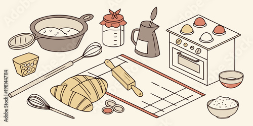 Isometric illustration of baking ingredients and kitchen tools on a table