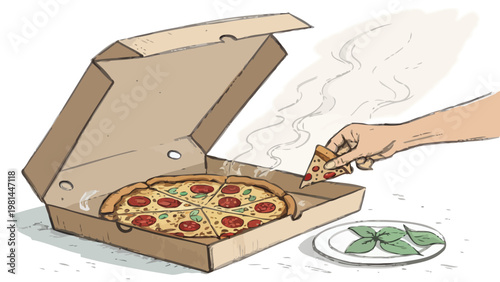 Hand taking hot pizza slice from open cardboard takeout box with fresh basil on plate