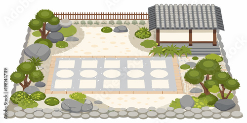 Aerial view of a peaceful japanese zen garden with stones and trees