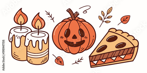 Autumnal illustration featuring pumpkins candles and a slice of pie