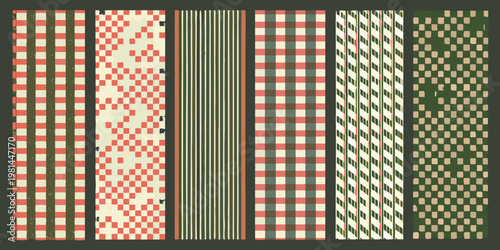 A series of vertically oriented patterned rectangles in muted tones