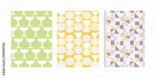 Three repeating patterned rectangles featuring glasses ovals and triangles