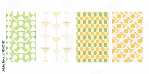 A retro styled pattern featuring martini glasses and geometric shapes