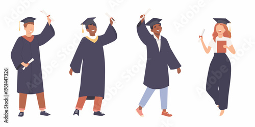 Celebrating graduation diverse students joyfully raise diplomas in the air