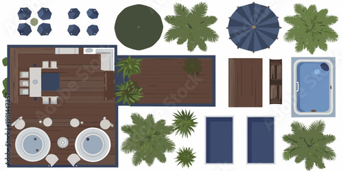 Aerial view of resort elements pool patio trees and lounge areas