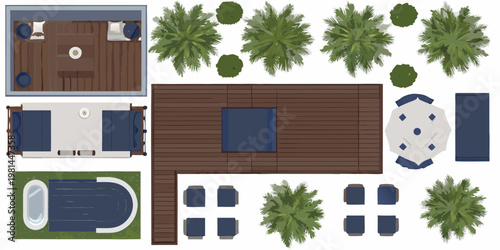 Aerial view of outdoor spaces with furniture plants and a pool