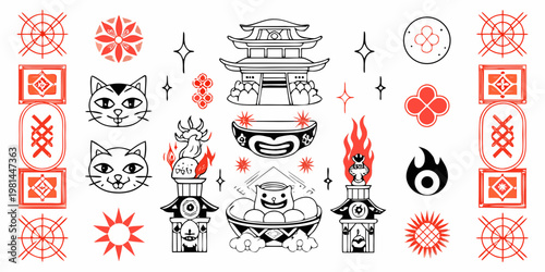 A collection of traditional japanese inspired flash tattoo designs in red and black