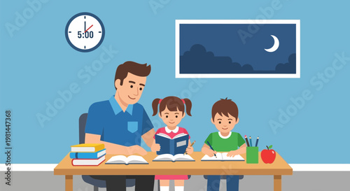 Father helping his two children with their homework at a desk.