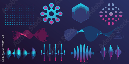 Abstract digital shapes and waveforms in vibrant blue and pink hues