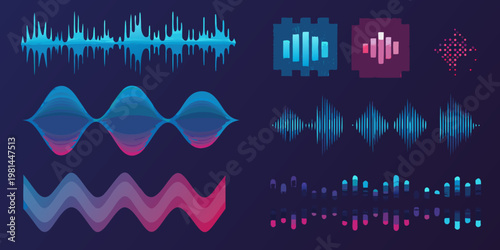 A collection of vibrant colorful sound wave visualizations and audio elements