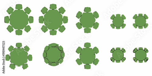 Overhead view of green turtle shaped objects arranged in rows