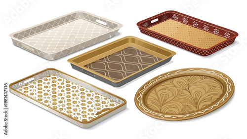 Assorted rectangular and oval serving trays with various patterns on white background for food presentation
