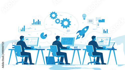 Team collaborating in a modern office environment with digital technology icons Vector