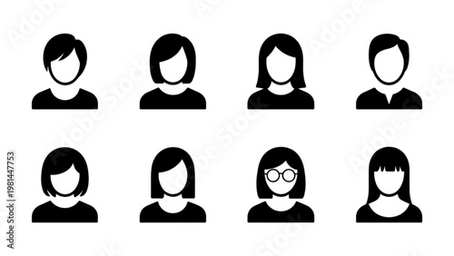 Eight stylized black and white icons of human faces with different hairstyles Vector