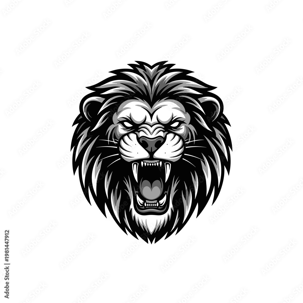 Fototapeta premium Fierce roaring lion head illustration in black and white