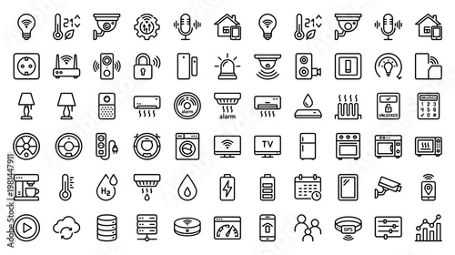 Collection of smart home technology icons representing devices for automation, connectivity, security, and lifestyle enhancements