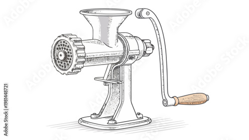 Manual meat grinder with wooden handle side view minimalist vector illustration for cooking and food preparation