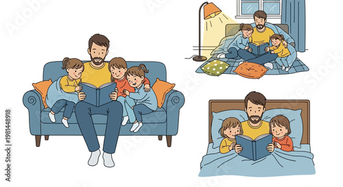 Father reading bedtime stories to his children in various settings.
