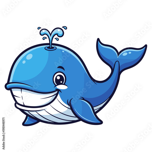 Friendly blue cartoon whale smiling and spouting water on a white background