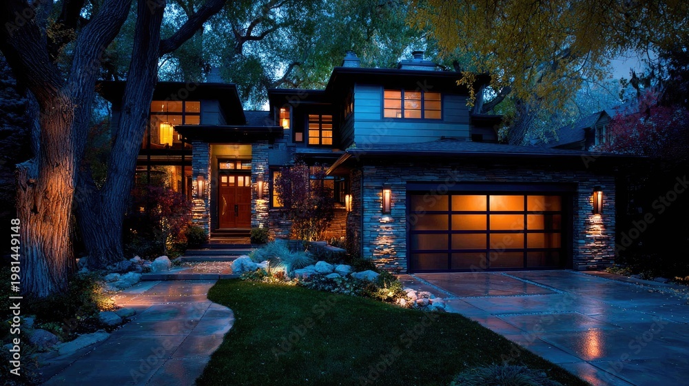 Fototapeta premium Illumination highlights modern architectural features of a suburban residence after sunset