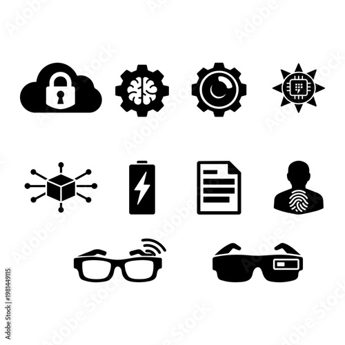 Cloud computing and smart wearable technology icons
Cloud computing infrastructure and smart wearable technology glasses icon set in minimalist solid design.
