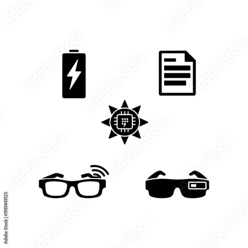 Smart wearable technology and data hardware icons
Modern smart glasses, battery power, document, and hardware chip technology icon set in solid black style.
