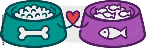 Pet food bowls with bone and fish.