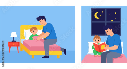Father reading bedtime story to his son in bedroom.
