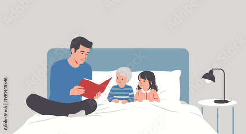 Father reads bedtime story to his two young children in bed.