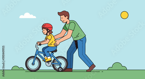 Father teaches child to ride bicycle, illustrating support and learning.