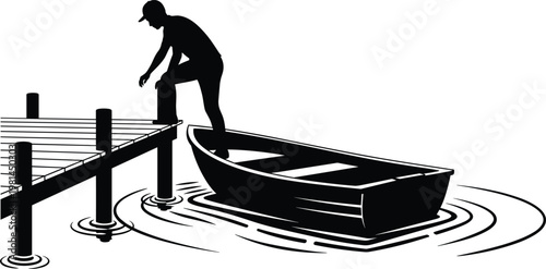 Silhouette of a man stepping onto a small boat from a wooden pier for summer lake fishing and outdoor leisure activity.