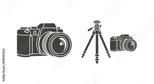 Cameras and tripod photography equipment.